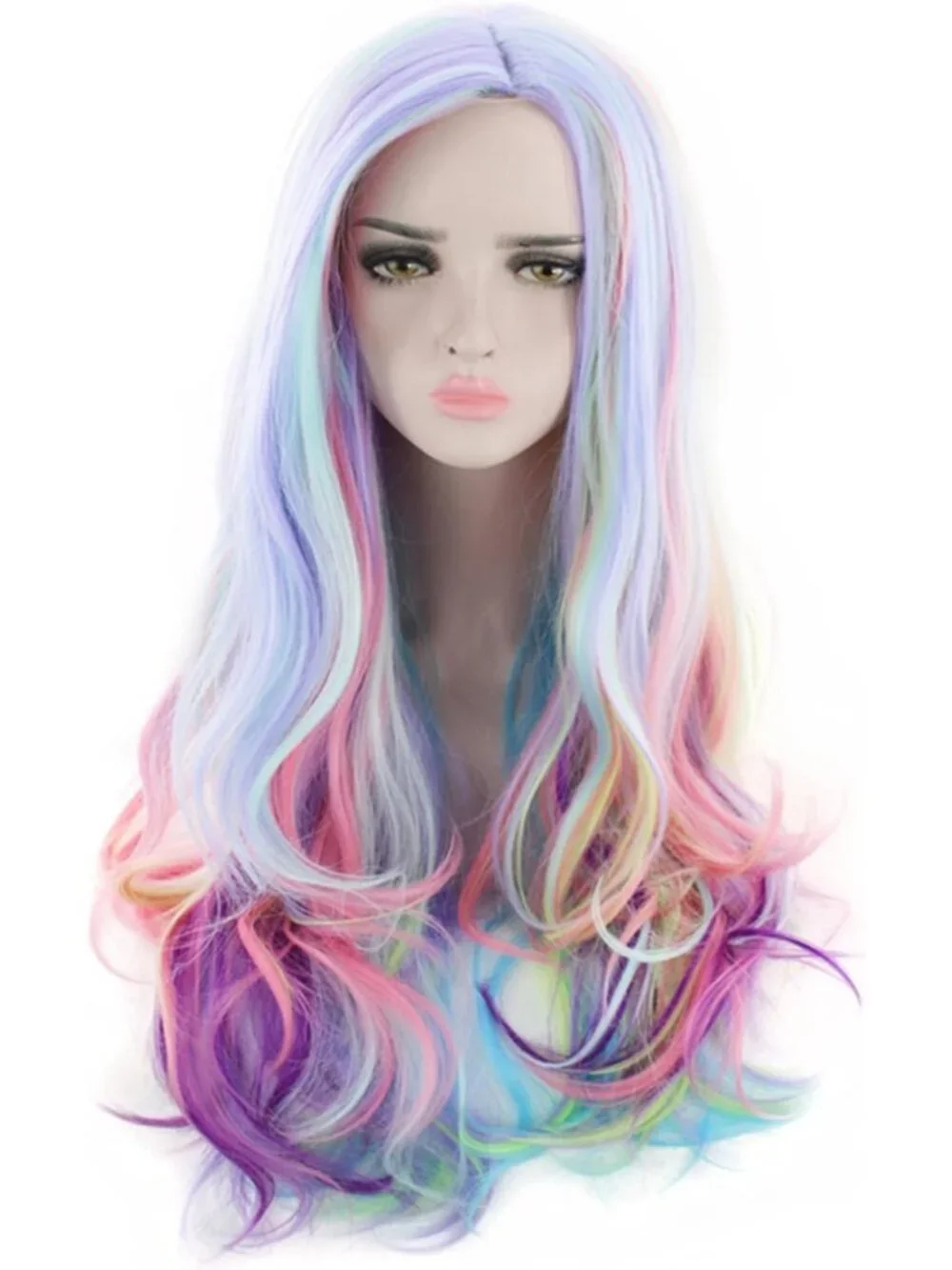 Vibrant Long Curly Wavy Rainbow Hair Wig - 27.56 Inch Colorful Costume Accessory